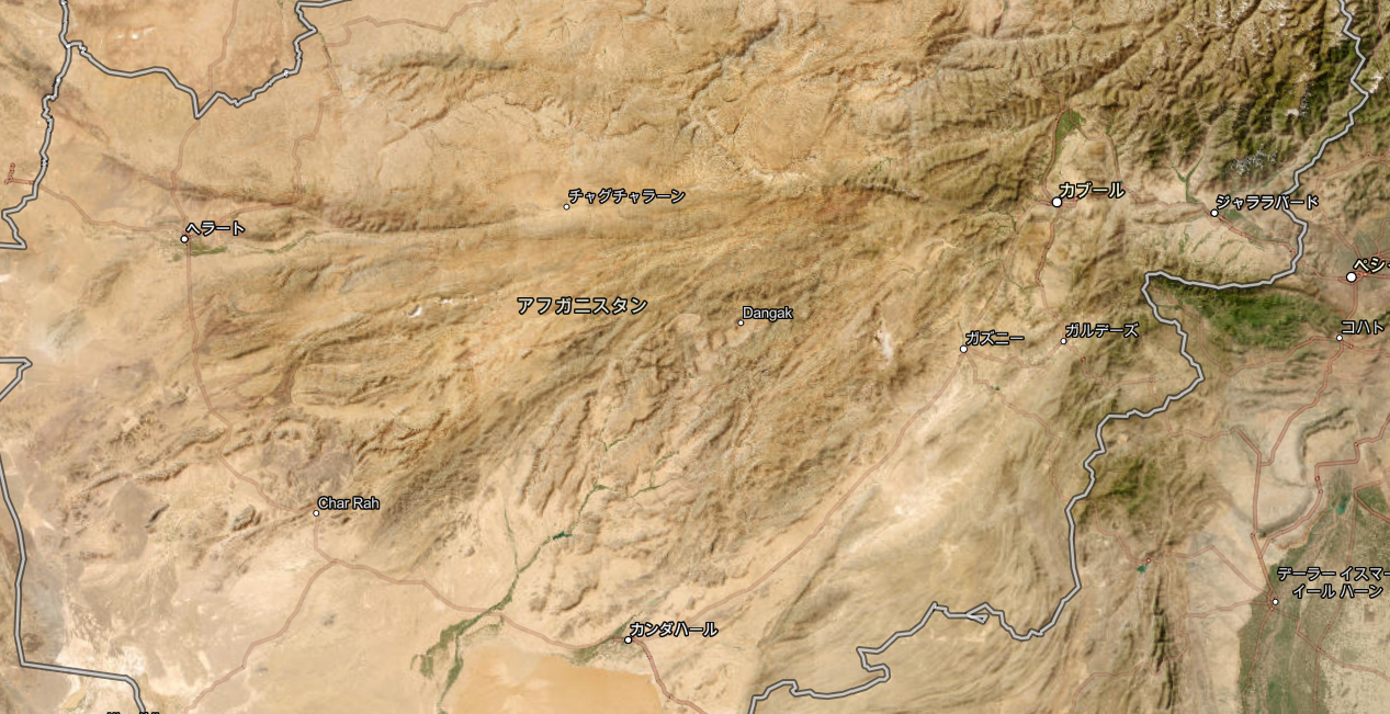 アフガニスタン中央部の山岳地帯とハザラジャト周辺を示す世界の起伏図