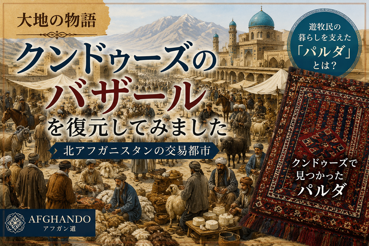 クンドゥーズのバザール復元図。家畜市場を中心とした北アフガニスタンの交易都市とパルダ。